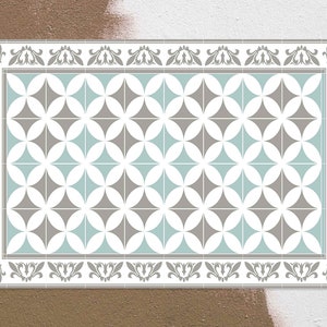 Spanish Tiles Ornamental Frame Vinyl Mat, Classical Vinyl Floor Mat, Blue and Beige Vinyl Rug, Kitchen Mat, Area Rug, Vinyl Rugs and Mats