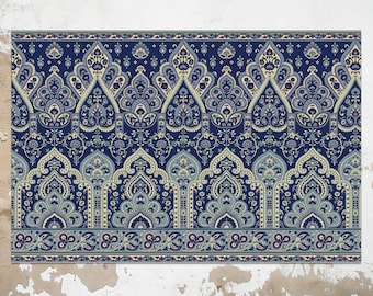 May include: A blue and cream paisley patterned fabric with a repeating design. The fabric has a traditional Indian or Persian style.