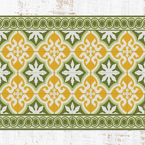Moroccan Old Lime Vinyl Mat, Green Linoleum Rug, Yellow Vinyl Floor Mat, Tile Vinyl Rug, Kitchen Mat, Area Rug, Art Mat