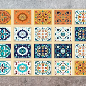 Composition I Of Tiles Vinyl Mat, Blue Vinyl Rug, Orange Linoleum Rug, Tile Vinyl Floor Mat, Floor Mat, Vinyl Flooring, Mats For Floor