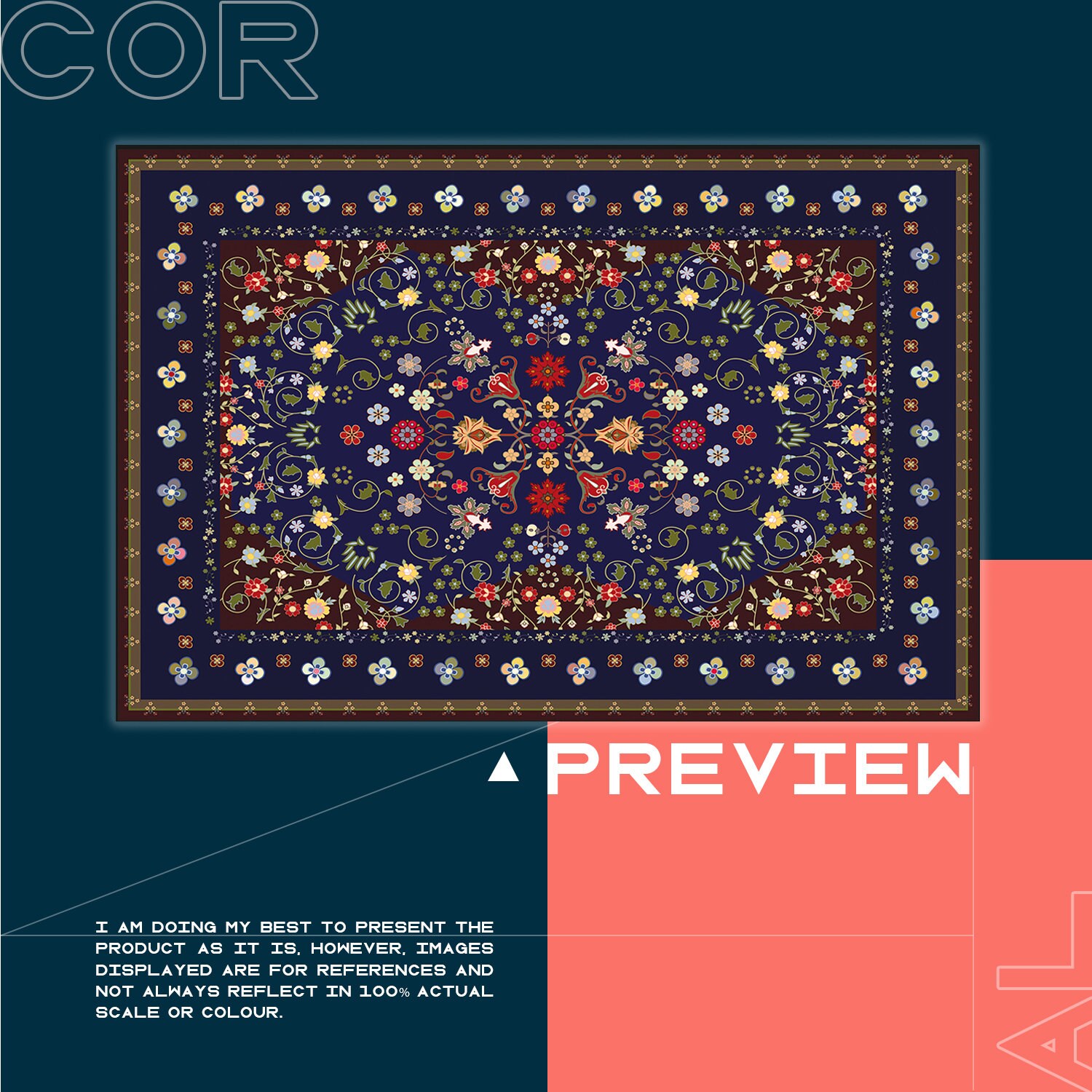 Blue Floral Traditional Vinyl Mat, Navy Vinyl Floor Mat, Orange Vinyl ...