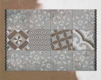 Delicate Patter In Tiles In A Darker Frame Vinyl Floor Mat, Tile Vinyl Rug, Gray and Bronze Vinyl Mat, Linoleum Rug, Kitchen Decor, Bath Mat