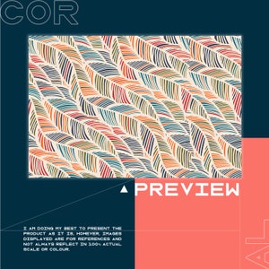 Op de afbeelding: Een naadloos patroon met een herhalend ontwerp van gestileerde bladeren in tinten rood, oranje, blauw, groen en zwart op een crèmekleurige achtergrond.