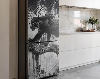Panther On A Branch Fridge Magnetic Decal, Black Stylish Fridge Magnet, Modern Kitchen Decor, Refrigerator Cover