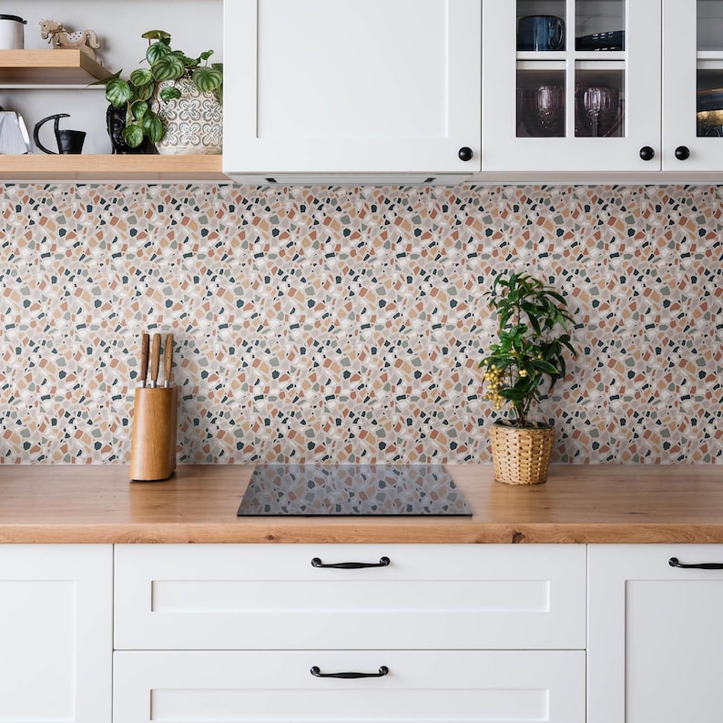 Decorative Stone Tile Stickers, Peel and Stick Tiles, Texture Tile Stickers, Beige Decal Decor, Bathroom Tile Stickers, Set of 9 image 4