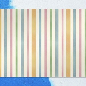 May include: A striped background with alternating bands of light pink, light blue, light green, and yellow. The stripes are vertical and the background is a light cream color.
