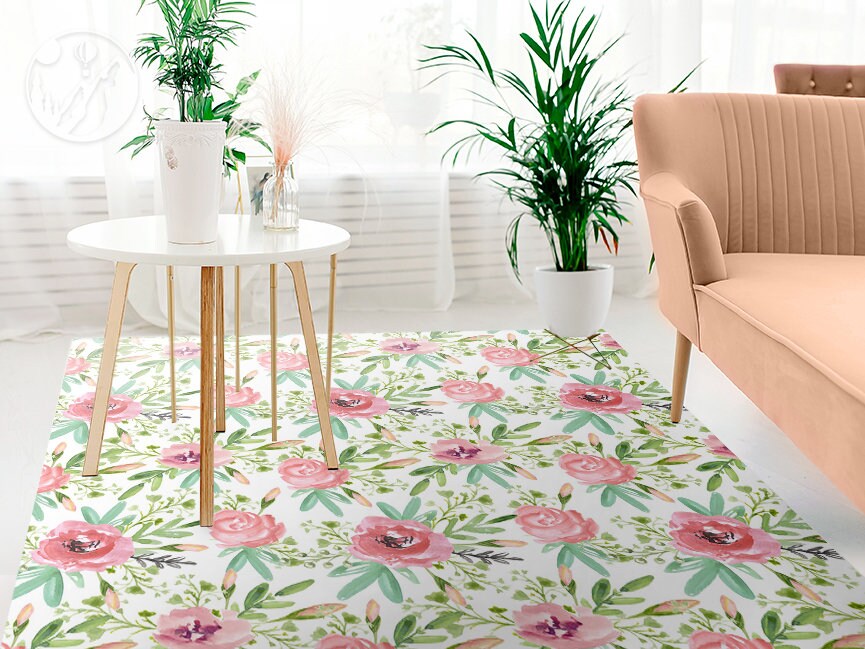 Delicate Pink Roses Vinyl Mat, Pink Linoleum Rug, Green