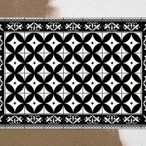 White On Black Tiles Ornament Frame Vinyl Rug, Classical Vinyl Mat, Black and White Vinyl Floor Mat, Linoleum Mat, Vinyl Flooring, Bath Mat
