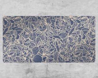 Evening On Meadow Desk Pad, Navy Desk Blotter, Beige Keyboard Mat, Floral Desk Protector, Pvc Mat, Decorative Mat, Kids Room Decor