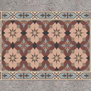May include: A decorative tile pattern with a geometric design featuring a repeating pattern of stars, diamonds, and leaves in shades of brown, beige, blue, and cream. The tile pattern is framed by a border with a similar geometric design.