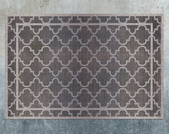 May include: A brown and white patterned indoor/outdoor rug with a geometric design. The rug has a border around the edge.