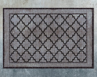 May include: A gray and black patterned rug with a geometric design. The rug has a black border.
