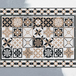 Beige Portugal Fliesen Vinylmatte, Beige Vinylteppich, Schwarzer Linoleumteppich, Fliesen Vinyl Bodenmatte, Küchenmatte, Küchendekoration, Küchenmatte für Boden