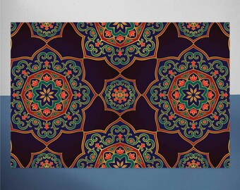 May include: A seamless pattern with intricate mandala designs in shades of blue, green, red, and gold. The background is a deep purple.