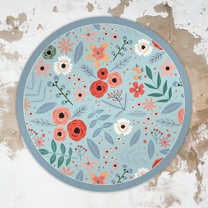 Summer Vinyl Floor Mat, Round Vinyl Mat, Flowery Vinyl Mat, Blue and Red Round Rug, Linoleum Mat, Area Rug, Comfort Mat