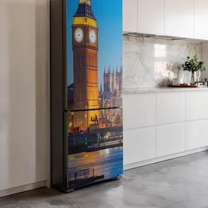 Big Ben In London At Night Fridge Wrap Sticker, Blue Refrigerator Wrap, Removable Sticker, Housewarming Gift