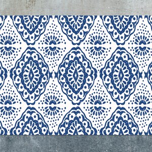 Blue Napkin Vinyl Mat, Blue Vinyl Floor Mat, White Vinyl Rug, Ornament Linoleum Rug, Floor Mat, Area Rug, Vinyl Rugs and Mats