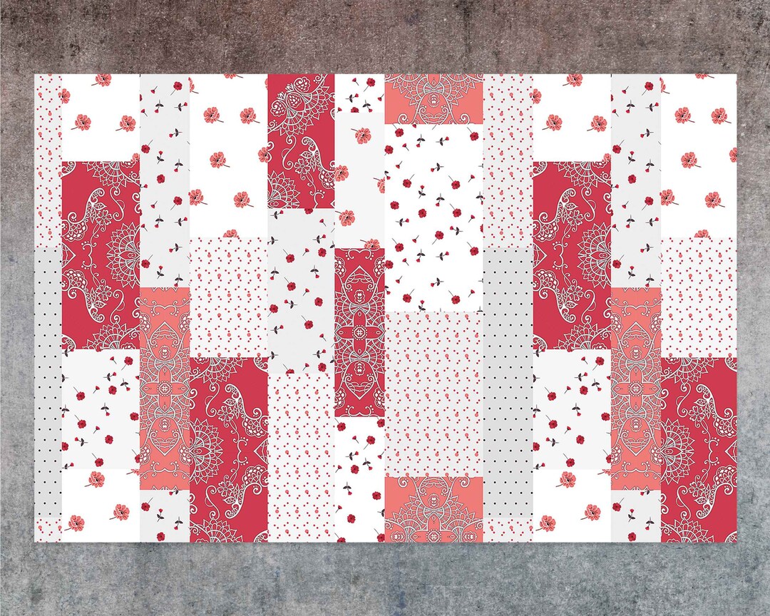 White and Pink Cute Patches Vinyl Floor Mat, Eclectic Vinyl Rug, Red ...