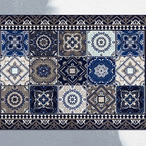 Retro Tiles Navy Blue Vinyl Mat, Black Linoleum Rug, Blue Vinyl Floor Mat, Tile Vinyl Rug, Linoleum Mat, Kitchen Decor, Vinyl Rugs and Mats