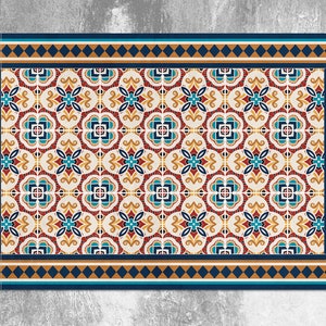 Colorful Moroccan Mosaic Geometric Vinyl Mat, Orange Vinyl Floor Mat, Blue Vinyl Rug, Tile Linoleum Rug, Floor Mat, Vinyl Flooring, Art Mat