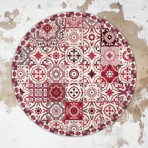 Berry Vinyl Floor Mat, Round Vinyl Mat, Tile Vinyl Mat, Red and White Round Rug, Linoleum Rug, Decorative Mat, Kitchen Mats For Floor