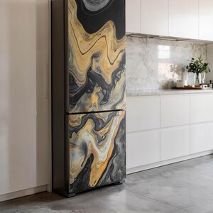 Abstract Paint Pattern Refrigerator Wrap, Yellow Fridge Sticker, Housewarming Gift, Kitchen Stickers