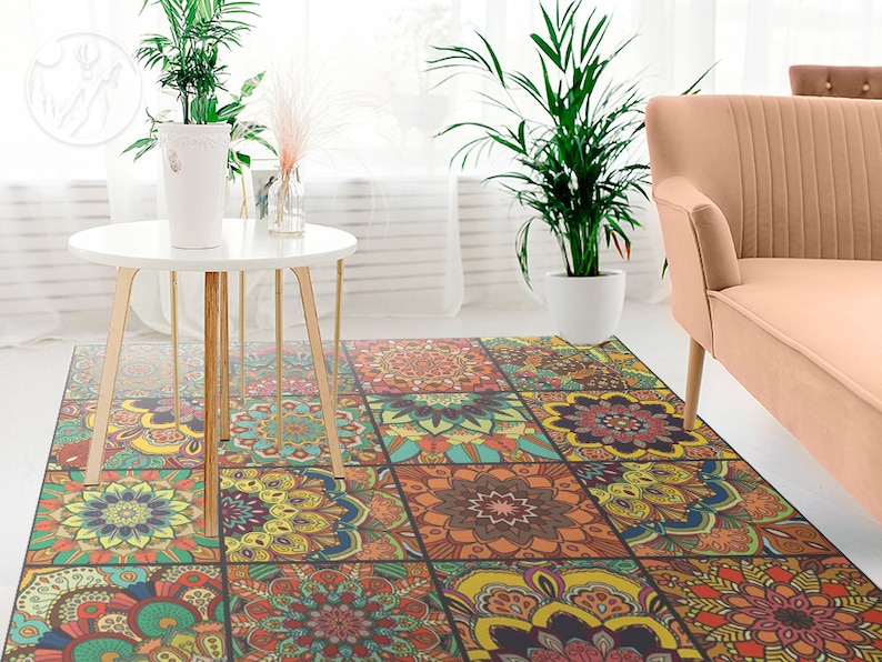 Classic Porto Tiles Vinyl Mat Orange Linoleum Rug Green Etsy