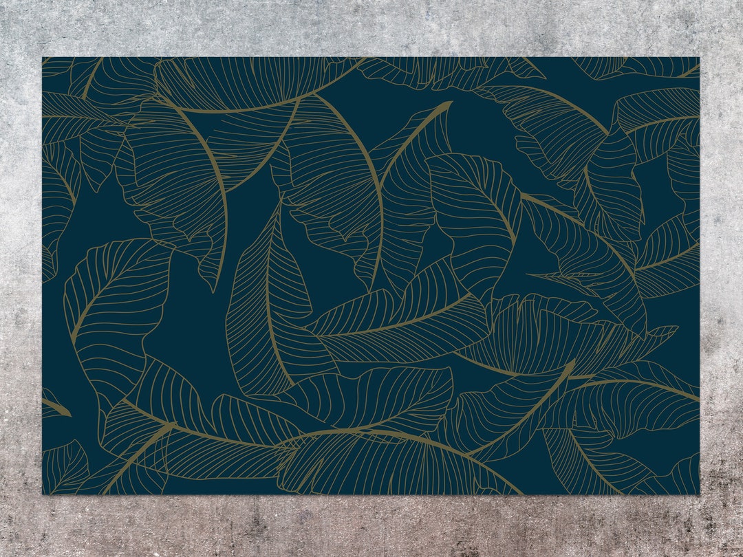 Leaf Pattern Linoleum Delicate Linear Palm Leaves Vinyl Mat, Navy Vinyl Floor Mat, Khaki ...