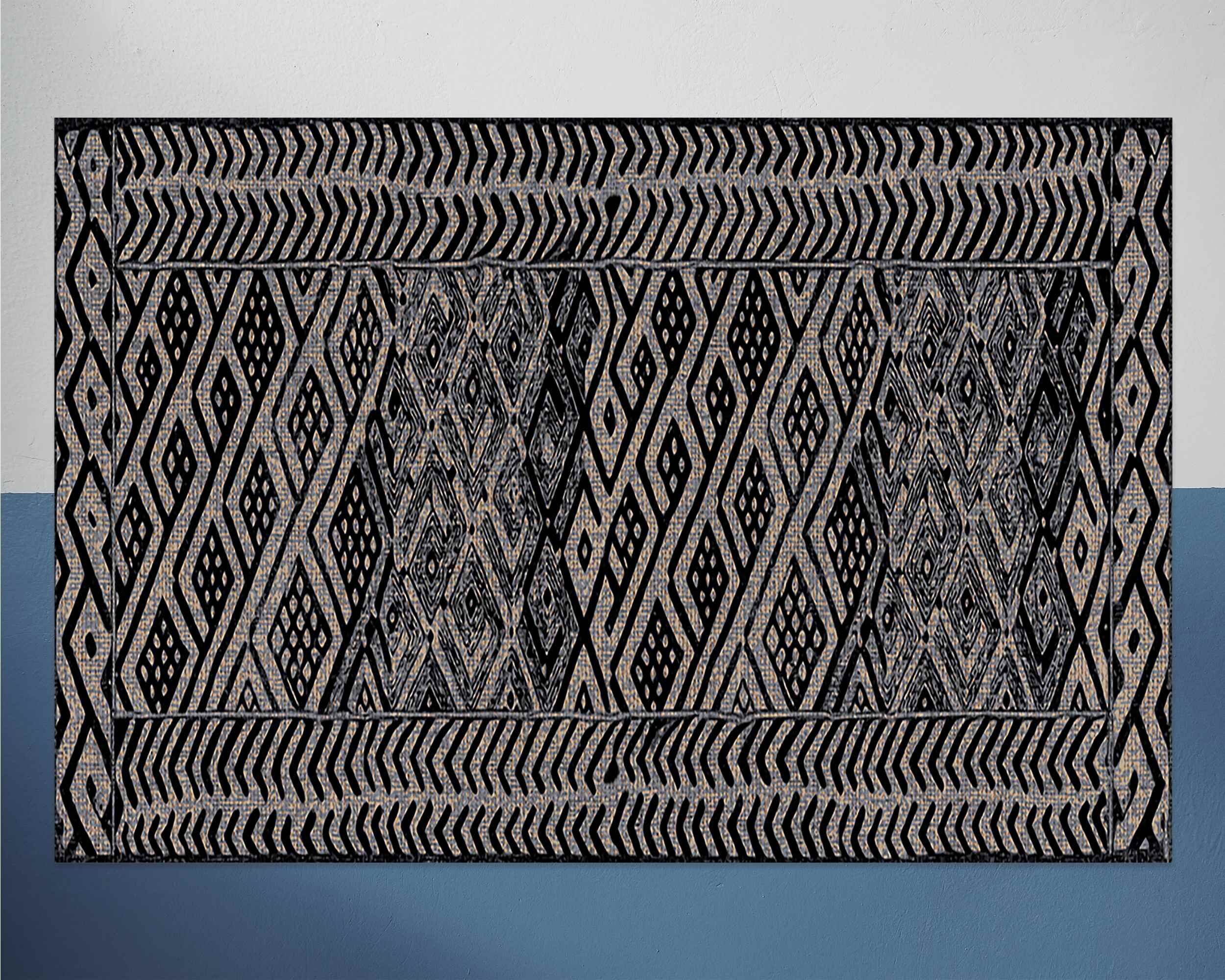Black Beige Linocut Pattern Vinyl Rug, Oriental Vinyl Rug, Black and ...