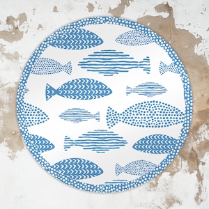 Shoal Vinyl Floor Mat, Round Vinyl Mat, Fish Vinyl Mat, Blue and White Round Rug, Floor Mat, Area Rug, Comfort Mat