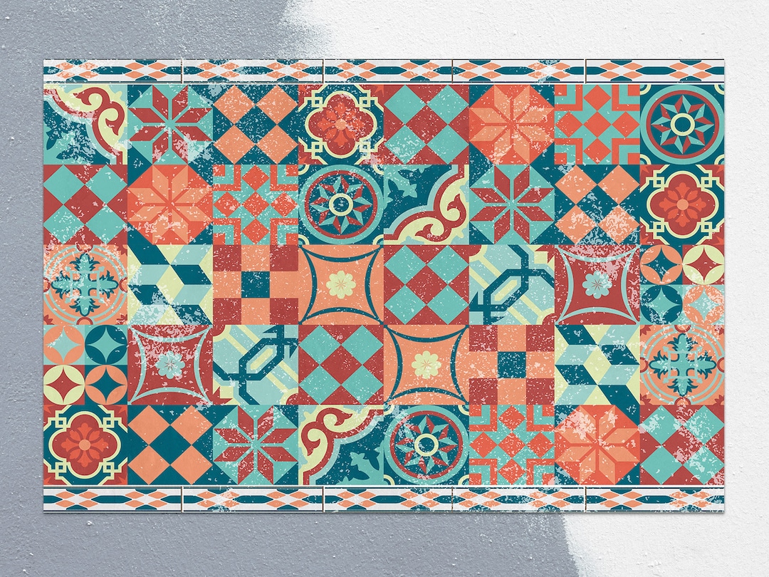 Portugal Rug Retro Portugal Tiles Vinyl Mat, Green Vinyl Rug, Orange Linoleum Rug ...
