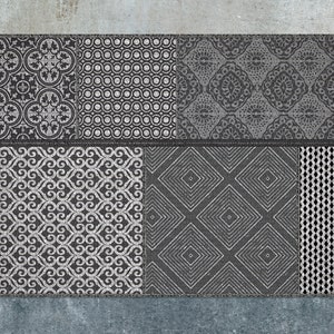 Ethno Patchwork Bright Gray Vinyl Mat, Gray Linoleum Rug, Black Vinyl Floor Mat, Patchwork Vinyl Rug, Kitchen Mat, Area Rug, Comfort Mat