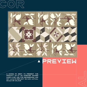 Minimal Ornamental Flowers Tiles Vinyl Rug, Oriental Vinyl Mat, Bronze and Beige Vinyl Floor Mat, Linoleum Mat, Kitchen Decor, Bath Mat