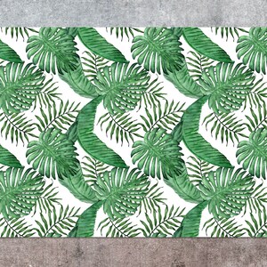 Green Palms Leaves Vinyl Mat, Green Vinyl Rug, White Linoleum Rug, Leaves Vinyl Floor Mat, Floor Mat, Kitchen Decor, Vinyl Rugs and Mats