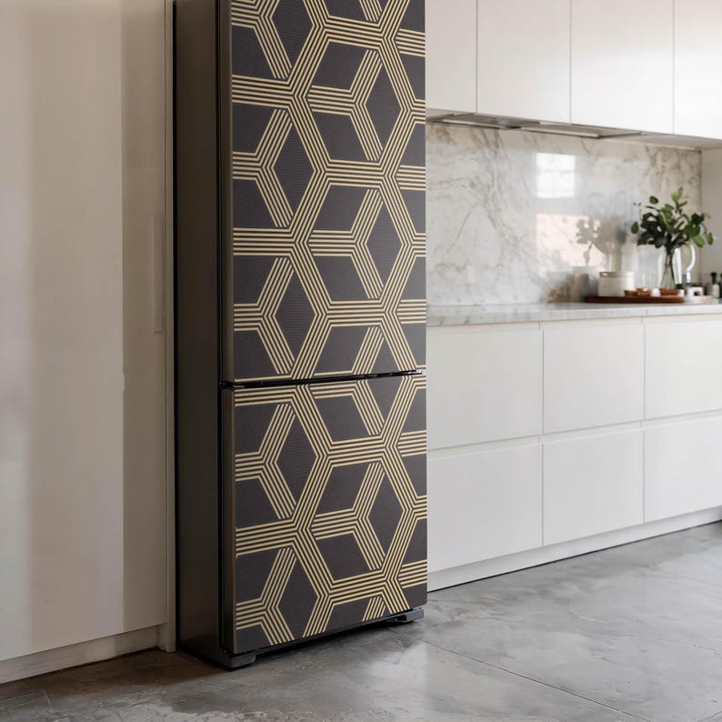 Geometric Line Pattern Fridge Wrap Sticker, Black Refrigerator Wrap ...