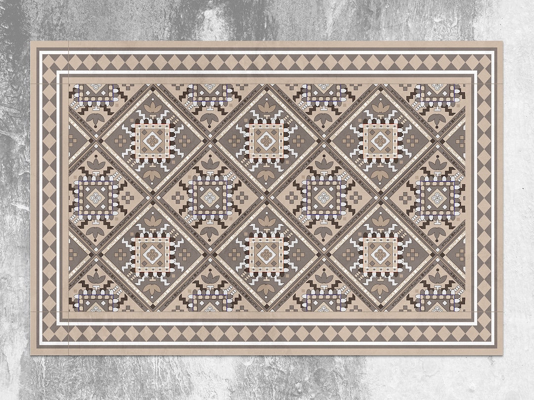 Tile Mat Rug Retro Tile Rug Beige Vinyl Mat, Brown Vinyl Rug, Beige Linoleum Rug ...