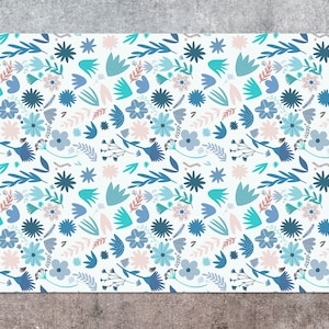 Pastel Pink Flat Little Wildflowers Vinyl Mat, Blue Vinyl Floor Mat, Turquoise Vinyl Rug, Flowers Linoleum Rug, PVC Mat, Area Rug, Art Mat