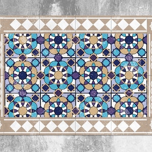 Tappeto in vinile Rosette Diamond Beige, tappeto in linoleum beige, tappeto in vinile blu, tappeto in vinile piastrellato, tappeto da cucina, tappeto da area, tappeti da cucina per pavimento