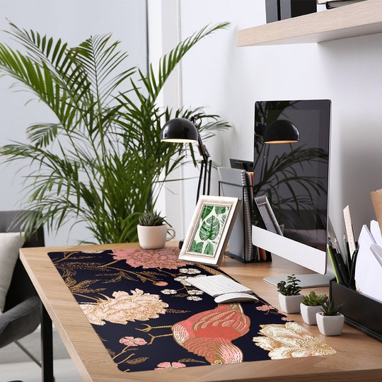 Disover Peony With Exotic Bird  Desk Mats