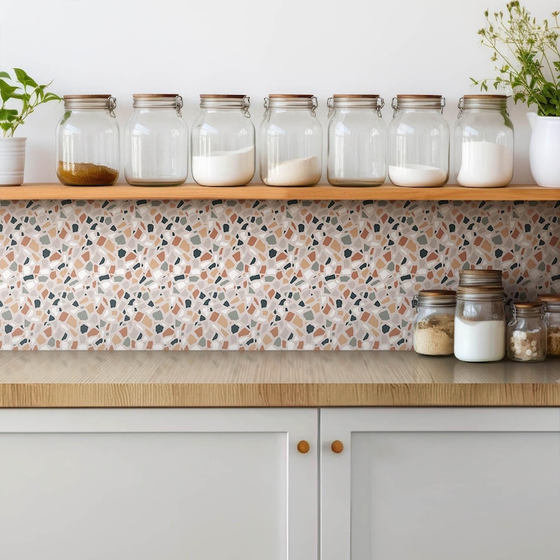 Decorative Stone Tile Stickers, Peel and Stick Tiles, Texture Tile Stickers, Beige Decal Decor, Bathroom Tile Stickers, Set of 9 image 2