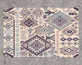 Aztec Traditiona Yoga Mat Pattern Vinyl Mat, Oriental Vinyl Rug, Beige and Gray Vinyl Rug, Linoleum Rug, Area Rug, Kitchen Mats For Floor