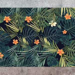 Tropical Leaves Orange Cute Flowers Vinyl Mat, Green Linoleum Rug, Orange Vinyl Floor Mat, Tropical Vinyl Rug, Floor Mat, Area Rug, Art Mat