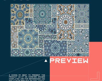 May include: A collage of 12 blue, white, and orange mandala designs. The designs are arranged in a grid pattern. The text "PREVIEW" is in white letters on a red background.