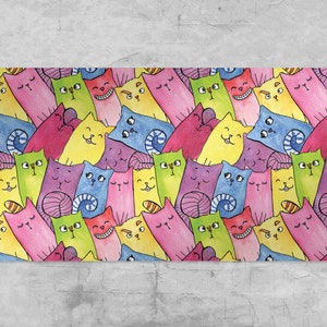 Happy Cats Desk Pad, Pink desk blotter, Yellow keyboard mat, multicolor desk protector, PVC Mat, Desk Cover, Comfort Mat, Idea Gift