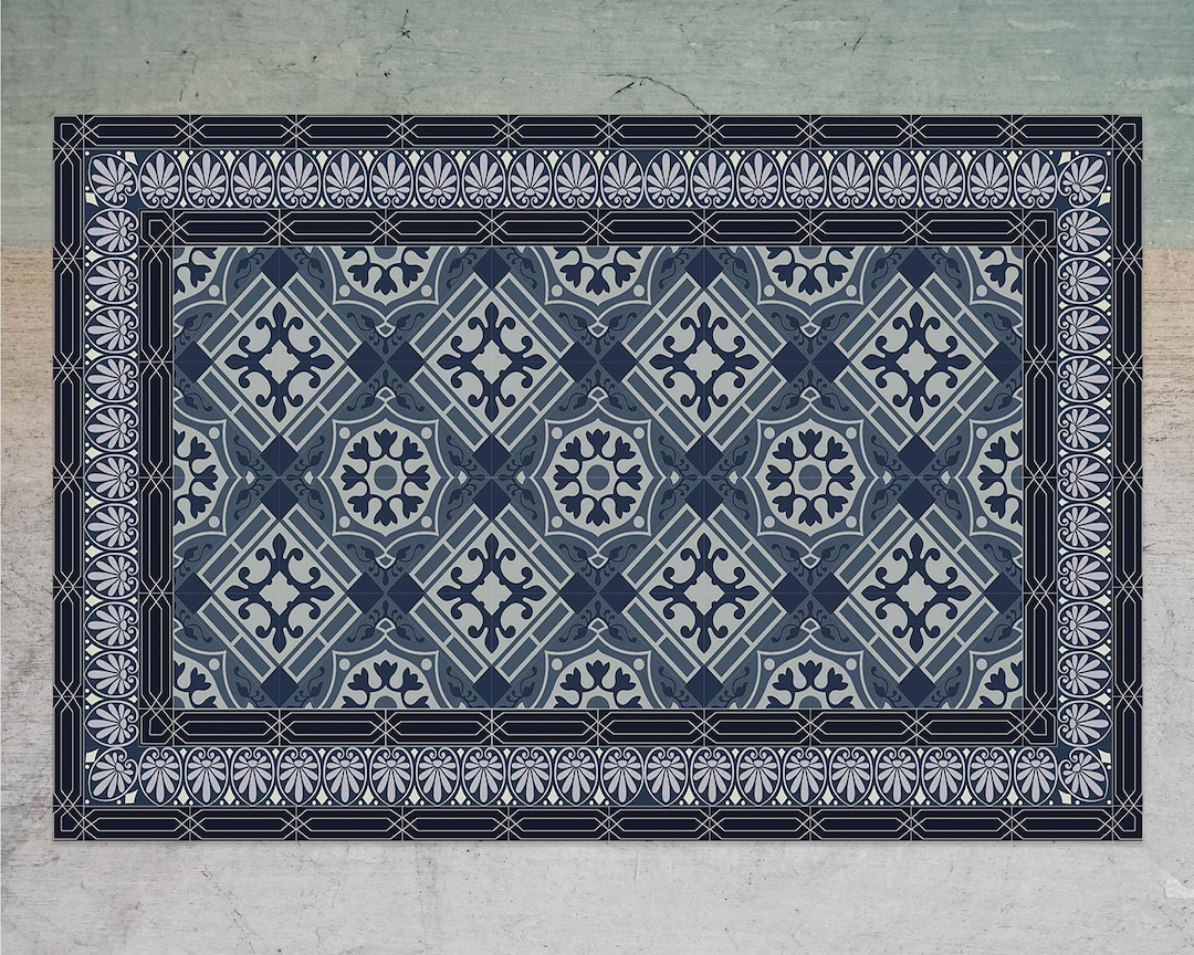 Blue and Blue Vinyl Floor Mat, Tile Vinyl Floor Mat, Blue and White
