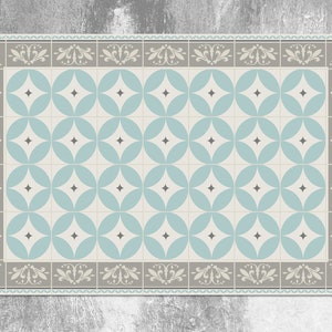 Regular Mint Latte Floral Vinyl Mat, Blue Vinyl Floor Mat, Beige Vinyl Rug, Tile Linoleum Rug, Linoleum Mat, Area Rug, Kitchen Mat For Floor