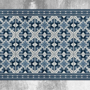 Geometric Carpet Navy Blue Vinyl Mat, Blue Linoleum Rug, Gray Vinyl Floor Mat, Tile Vinyl Rug, Linoleum Mat, Area Rug, Comfort Mat