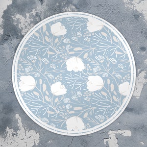 Zephyr Round Rug, Round Vinyl Mat, Flowery Vinyl Floor Mat, Blue and White Vinyl Mat, Kitchen Mat, Decorative Mat, Vinyl Rugs and Mats