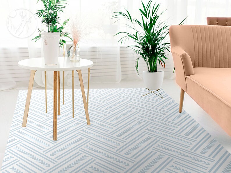 Ornamental Vinyl Mat, Blue Vinyl Rug, White Linoleum Rug, Herringbone ...