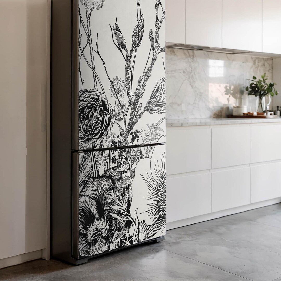 Patterned Refrigerator Floral Pattern With Branches Fridge Magnetic Decal, Black Aesthetic ...